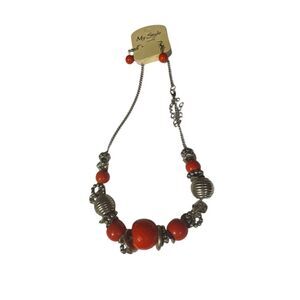 My Style Red Coral Statement‎ Necklace Silver Beaded Chain Boho Fashion Jewelry